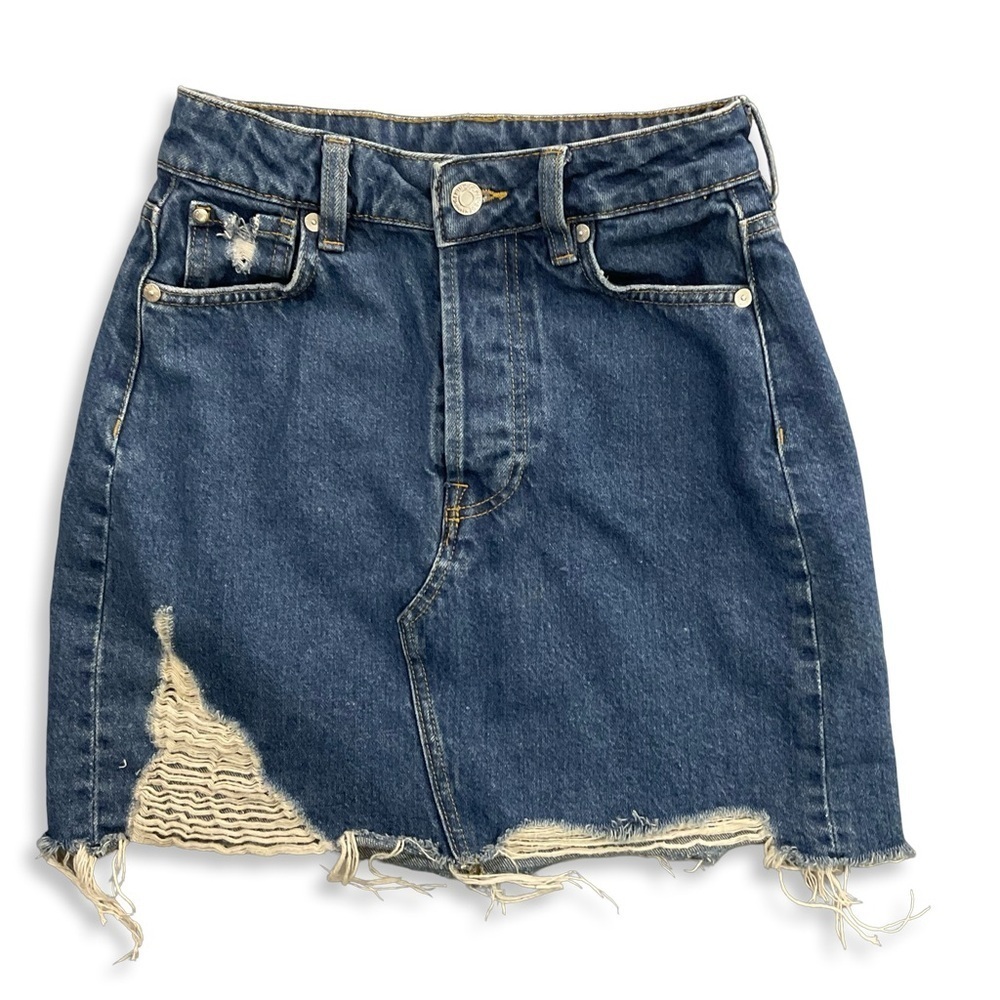 H&M Mini Skirt Womens 2 Distressed‎ Button Fly Blue Denim Raw Hem Retro Grunge